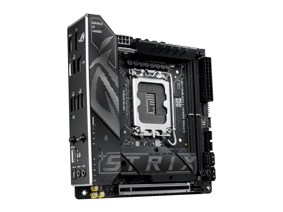 ASUS ROG STRIX B860-I GAMING WIFI - Bundkort - mini ITX - LGA1851 sokkel - B860 Chipset - USB4, USB 3.2 Gen 2, USB-C 3.2 Gen 2x2, USB 3.2 Gen 1, USB-C 3.2 Gen2 - Wi-Fi 7, 2.5 Gigabit LAN, Bluetooth - onboard grafik (CPU påkrævet) - HD Audio (8-kanale