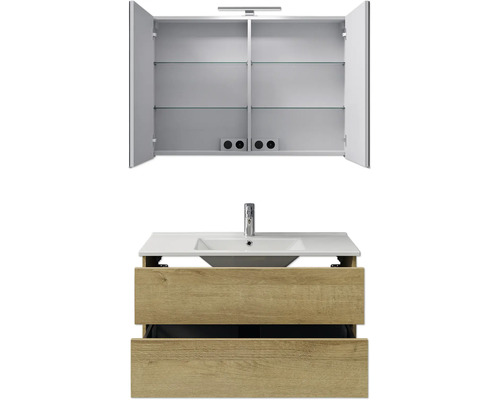 Badkamermeubelset Pelipal Cavallino (B x H x D 100 x 200 x 46 cm), frontkleur: Riviera eiken, met witte keramische wastafel, badmeubel en spiegelkast met LED-verlichting