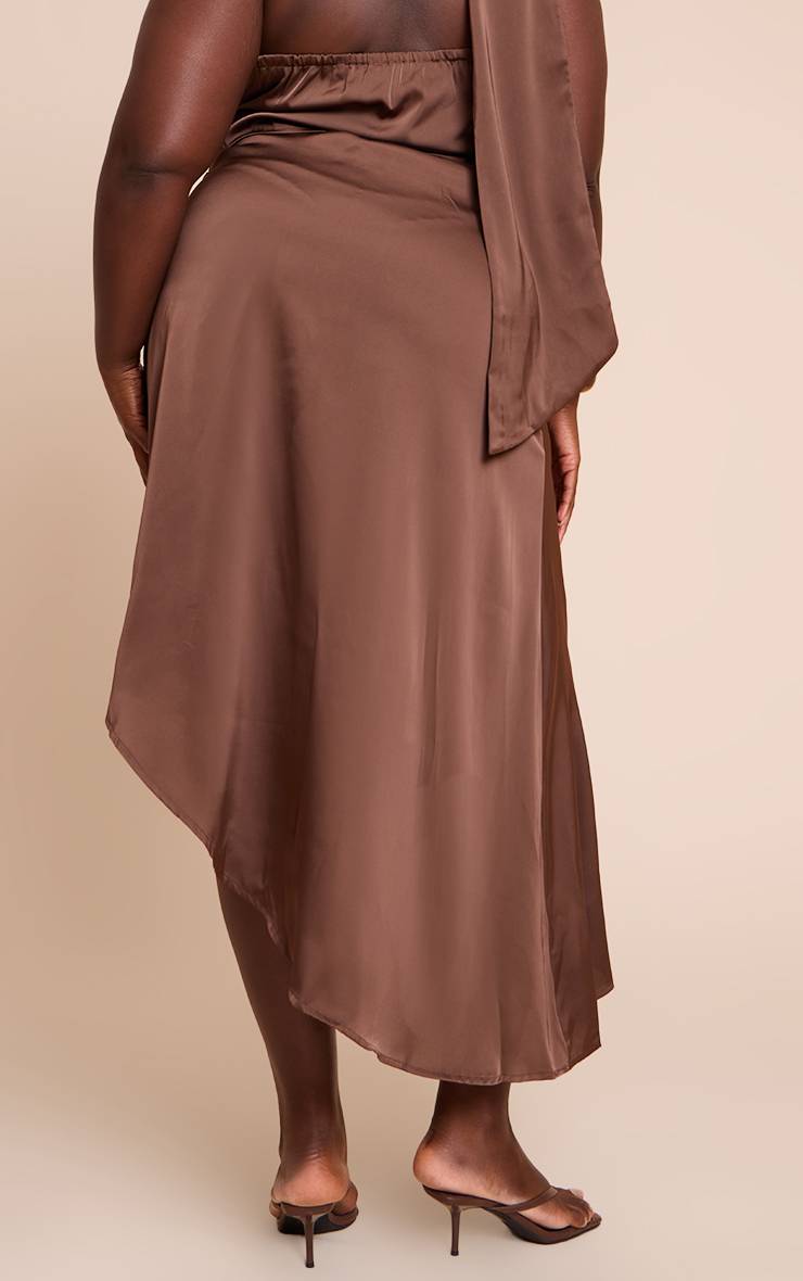 Marron Foncé Jupe Midi Asymétrique En Satin Imprimé Grande Taille Coordonnée