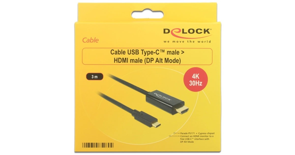 DeLOCKUSB-C (male) > HDMI (male) (DP Alt Mode) kabel  (Zwart, 3 meter, 4K 30 Hz)