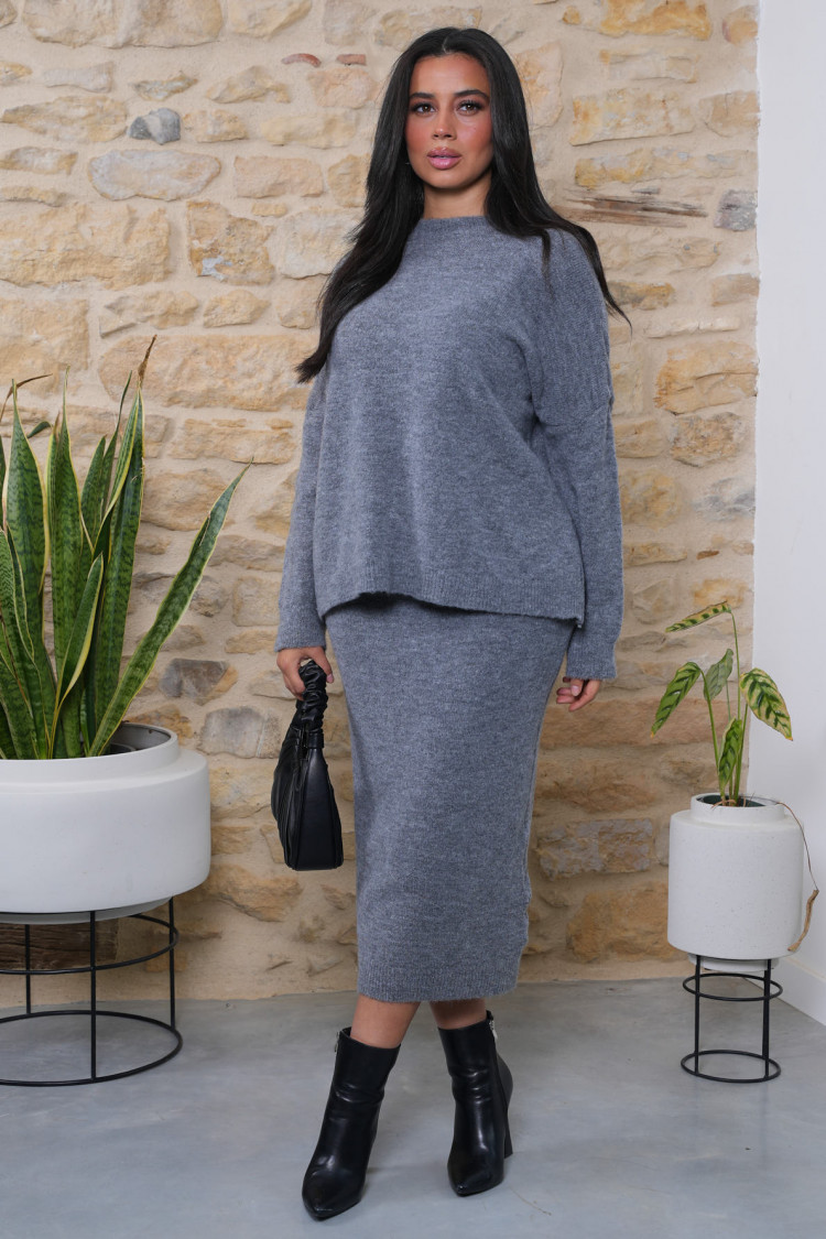 Ensemble 2 pièces pull + jupe grise texturée