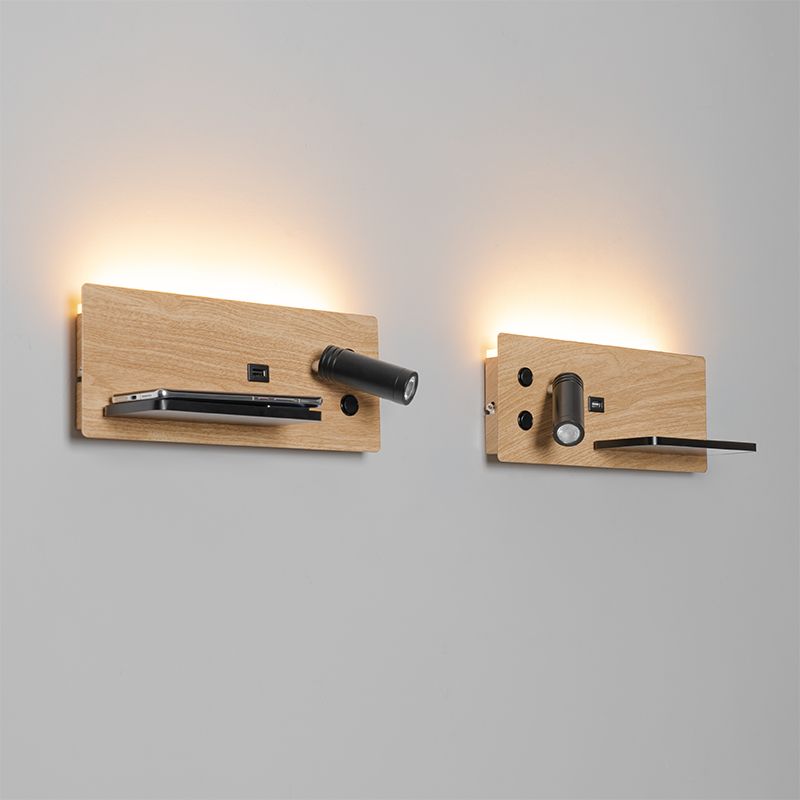 Set van 2 wandlamp zwart met hout incl. LED met USB en inductielader - Riza