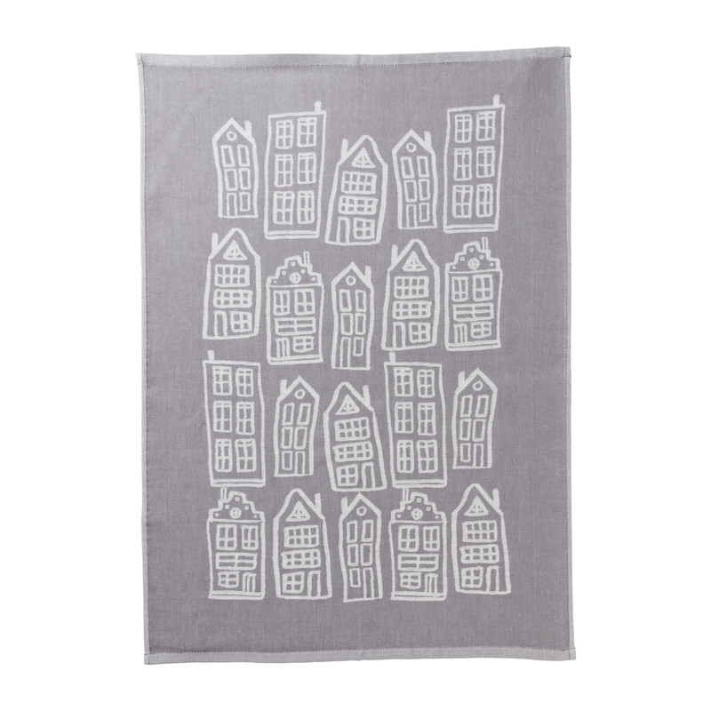 Theedoek antraciet huisjes - antraciet/wit - 50x70 cm