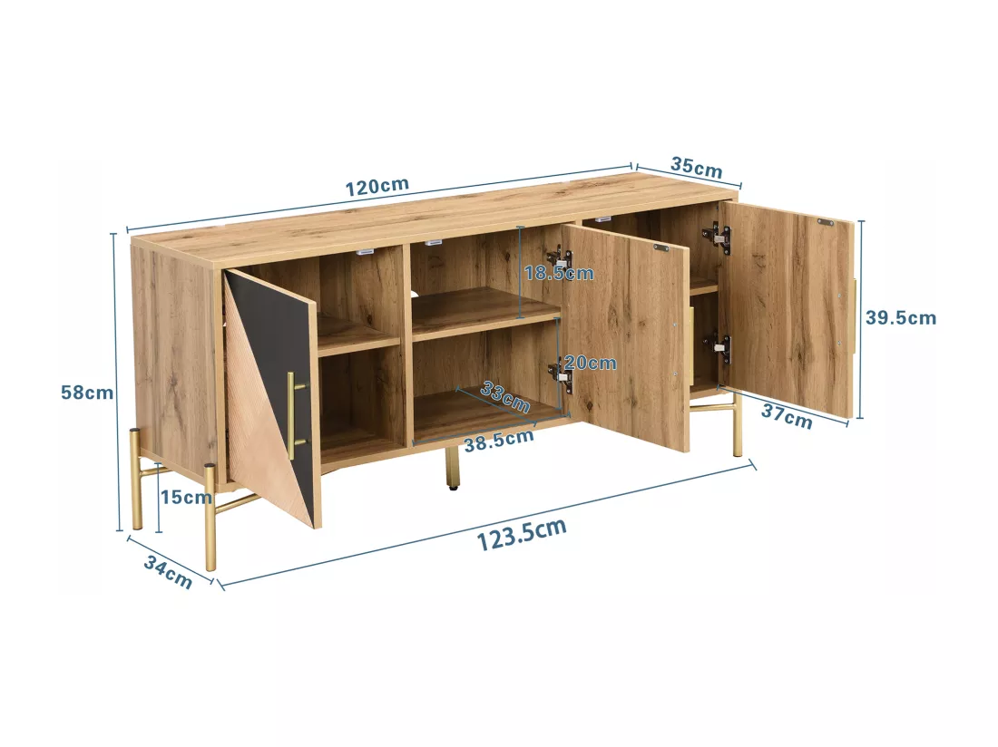 Meuble TV design unique - avec 3 portes - poignées et pieds dorés - Naturel & Noir