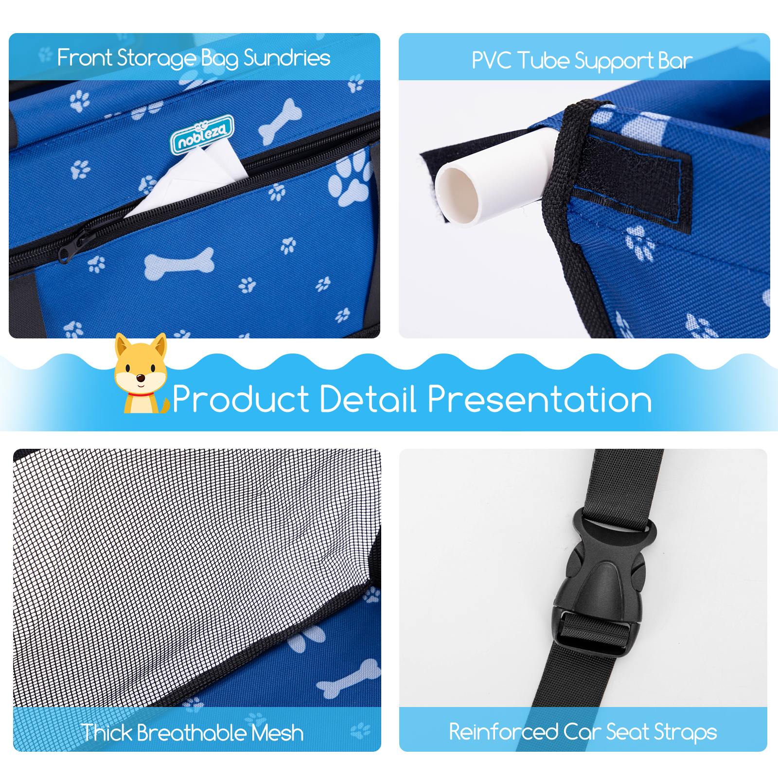 Nobleza - Reforço para Assento de Carro para Cães, Assento de Segurança para Animais de Estimação para Cães e Gatos, Bolsa de Viagem Dobrável e Lavável para Outros Animais de Pequeno Porte com Bolso com Zíper, 40 * 34 * 25 cm, Azul