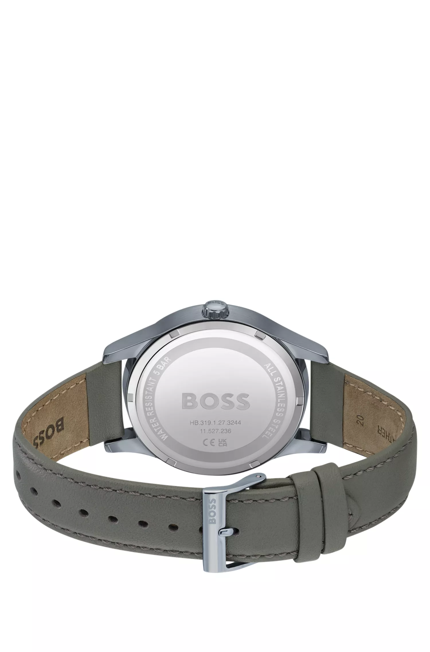 Relógio BOSS com acabamento em preto e cinza e pulseira de couro.