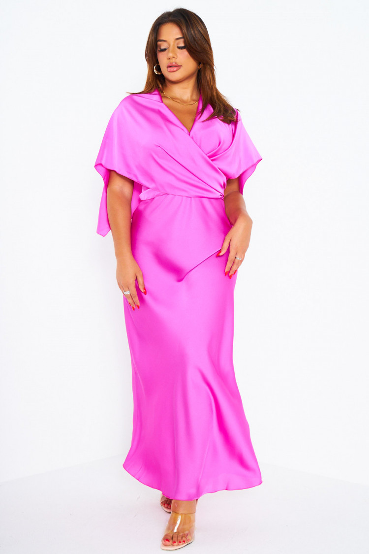 Ensemble 2 pièces robe + poncho satiné fuchsia