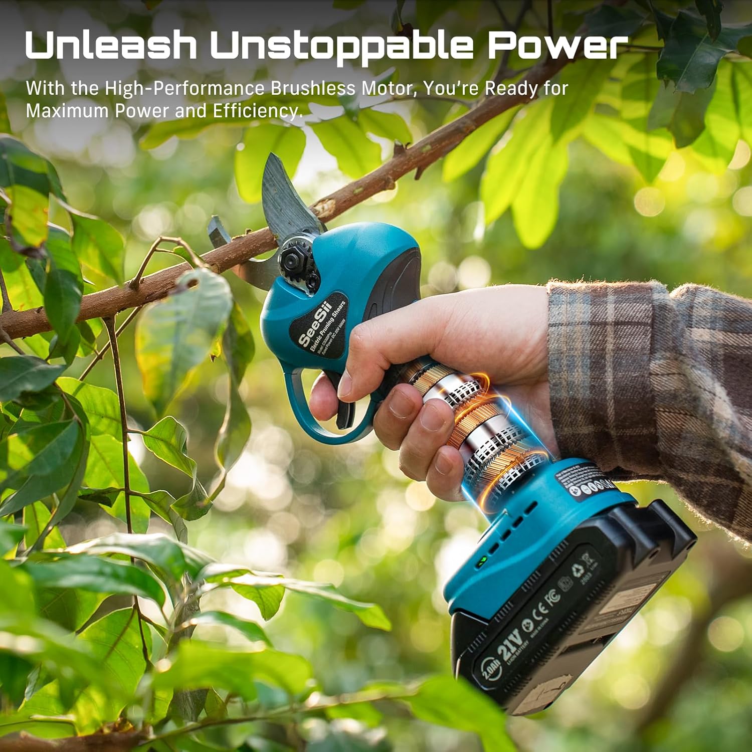 SEESII Akku Astschere Teleskop, Elektrische Gartenschere mit Teleskopstange bis 4,57m Reichweite, 2x2000mAh Batterien, 33mm Akku Baumschere & Astschere für Garten