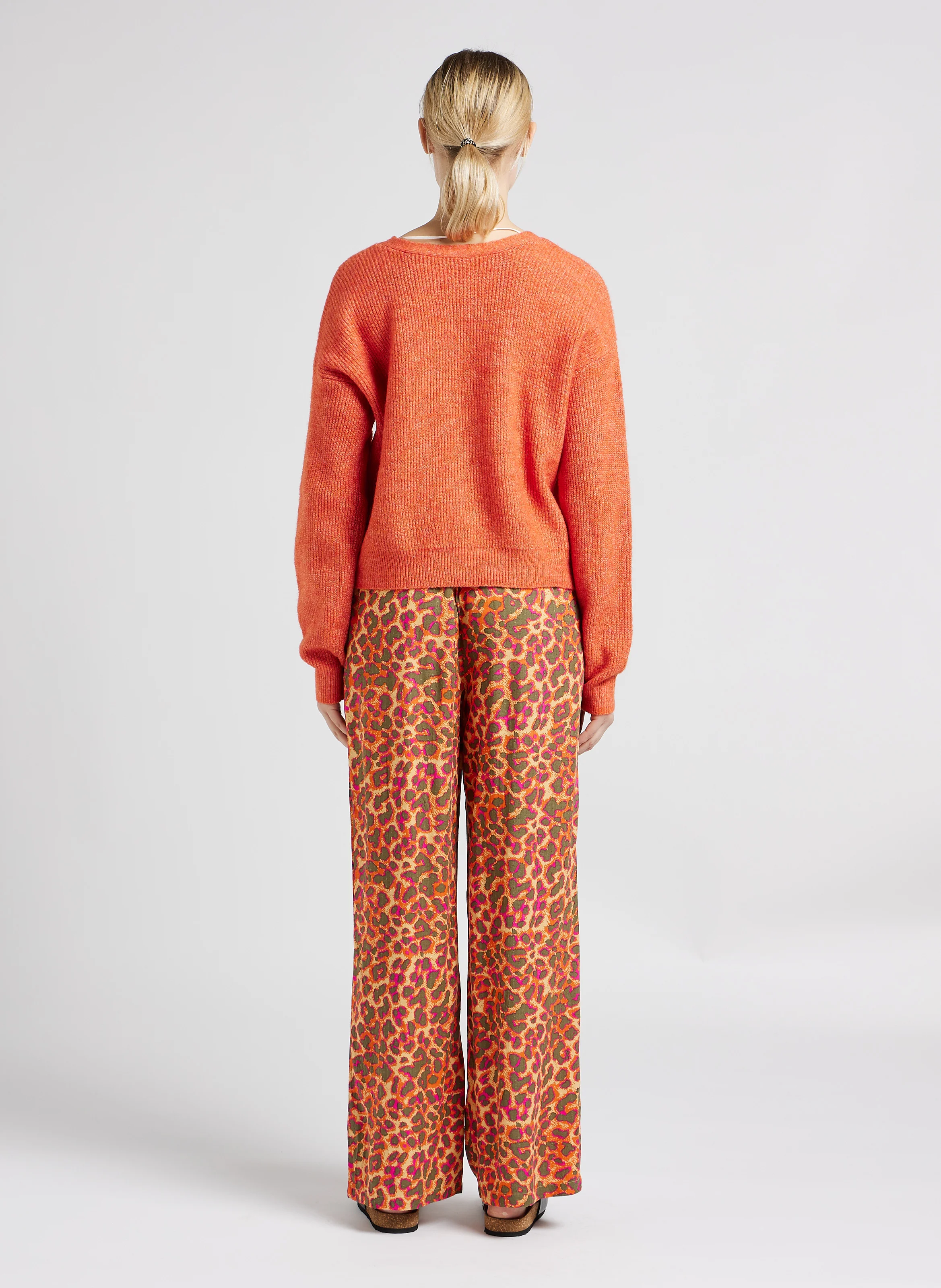 Gilet col V en maille mélangée| Orange