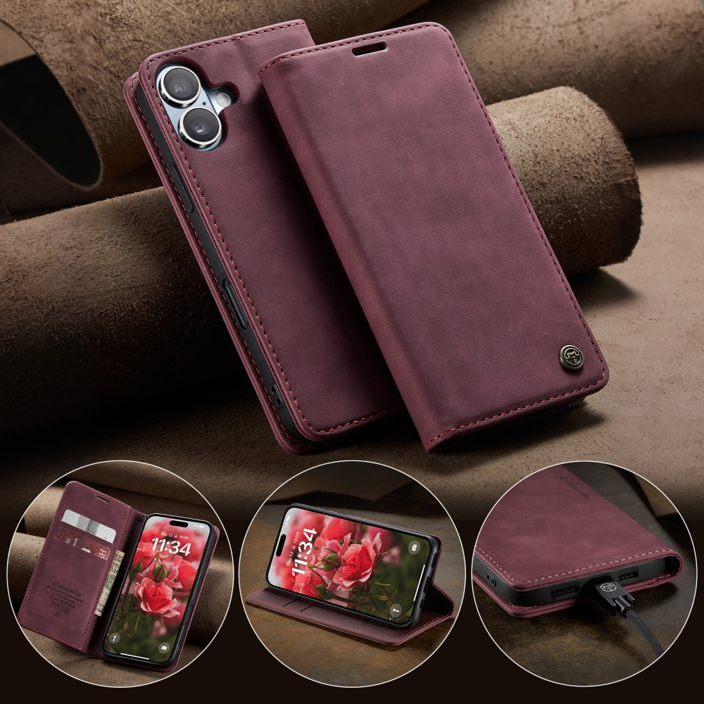iPhone 16 Leder Tasche Flip Wallet Etui mit Kartenfächern - Dunkelrot
