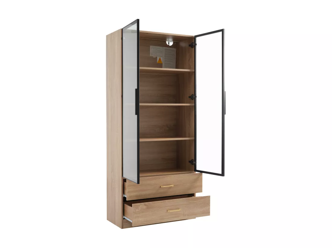 Vitrine、Meuble de salle de bain avec LED - 2 tiroirs et 2 portes vitrées - Naturel