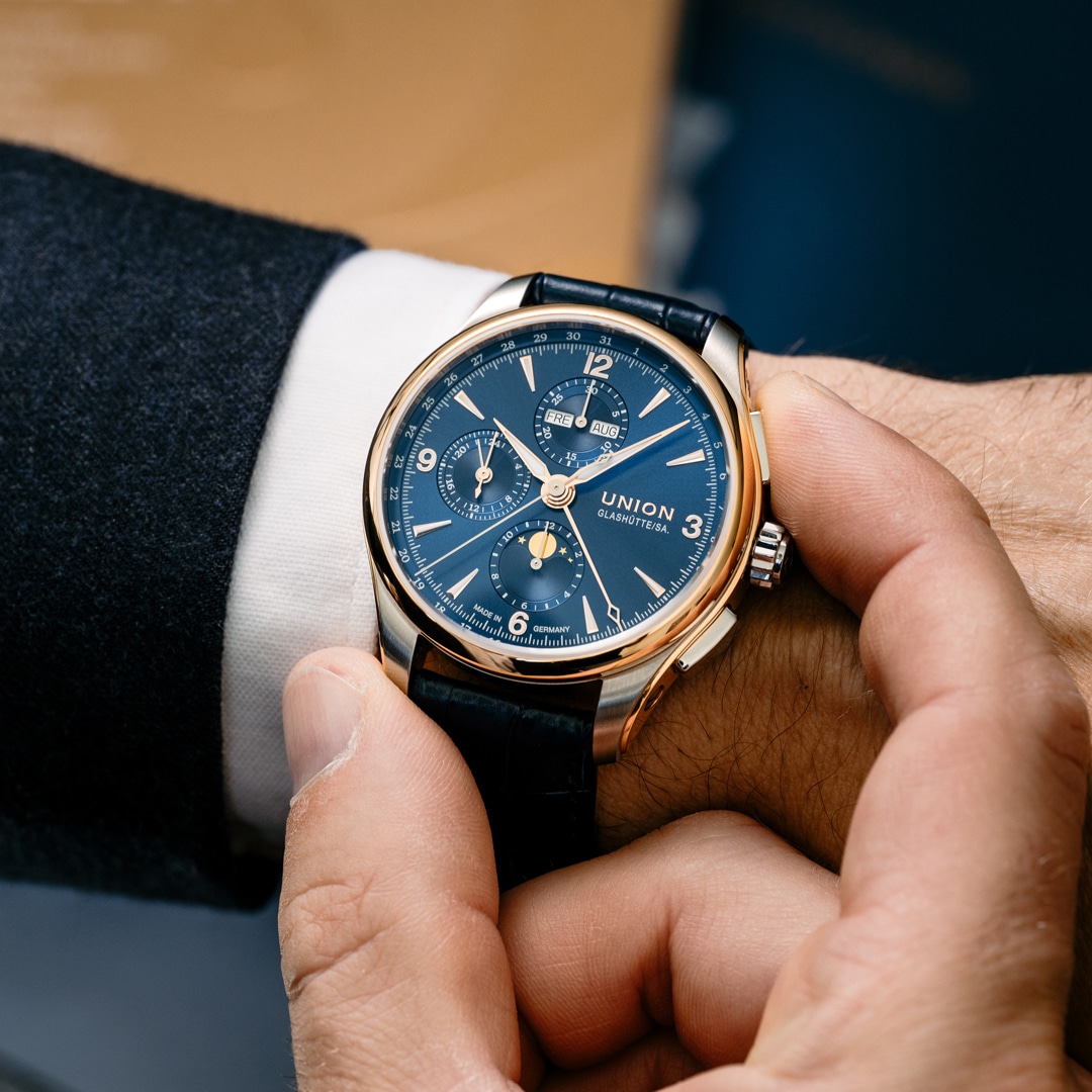 Union Glashütte Belisar Chronograph Mondphase Bicolor Blau 42mm