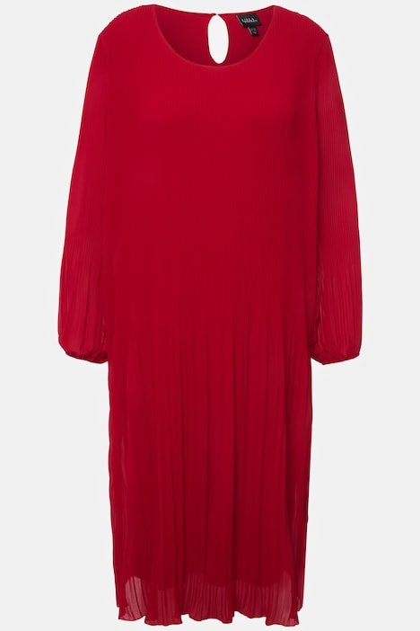 Plissee-Midikleid, A-Linie, Rundhals, Langarm