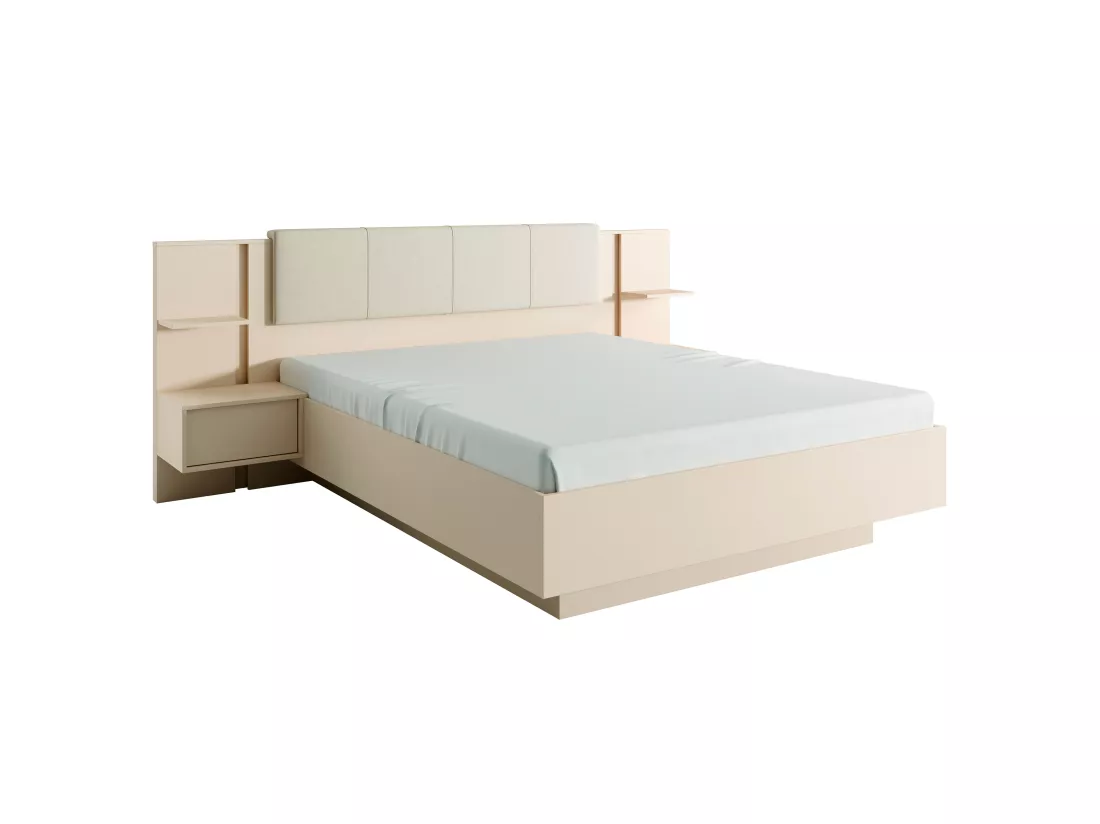 Lit coffre avec chevets 160 x 200 cm - Avec LEDs - Coloris : Beige + Matelas - ELYNIA