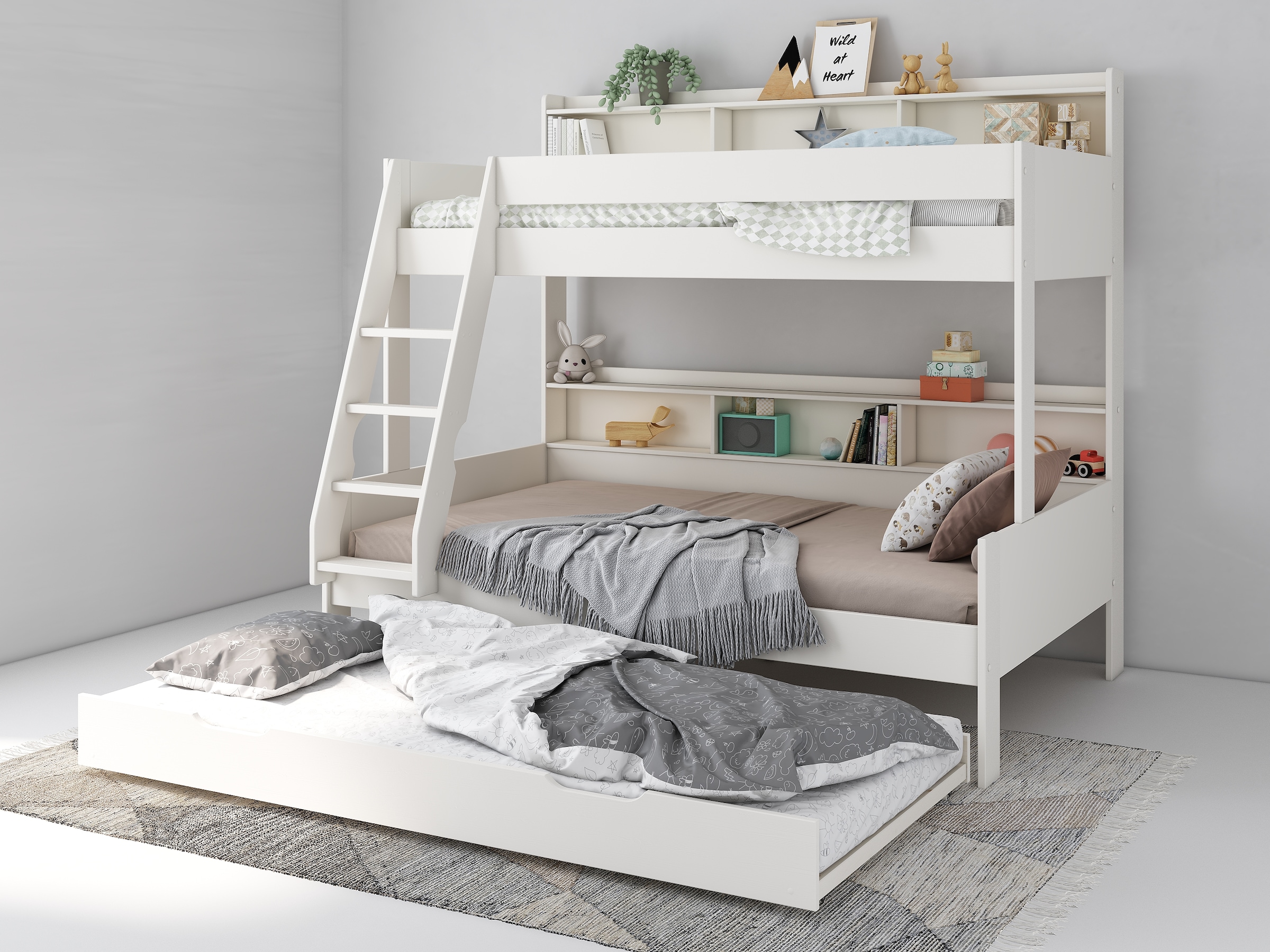 Lüttenhütt Etagenbett »Jaime II, Stockbett, viel Stauraum, mit Regalen, Massivholz mit MDF« Oberes Bett 90x200cm, unteres Bett 120x200cm,  breite Liegefläche unten, FSC®, Made EU, 3. Schlafgelegenheit optional