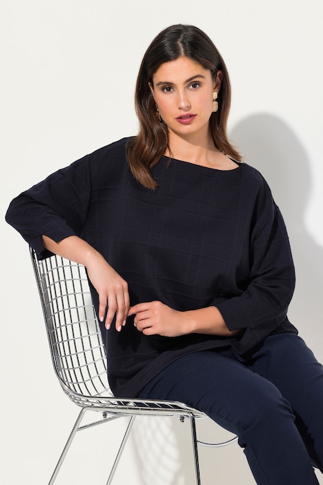 Sweatshirt, Strukturkaro, U-Boot-Ausschnitt, 3/4-Arm