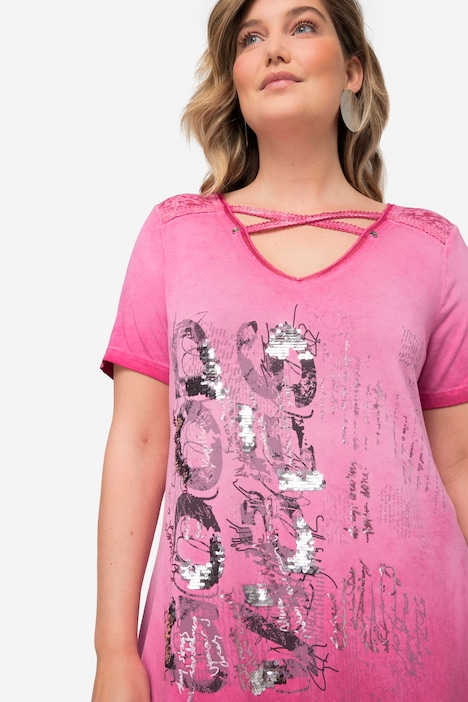 T-Shirt, V-Ausschnitt mit Zierbändern, Halbarm, Saum zum Binden