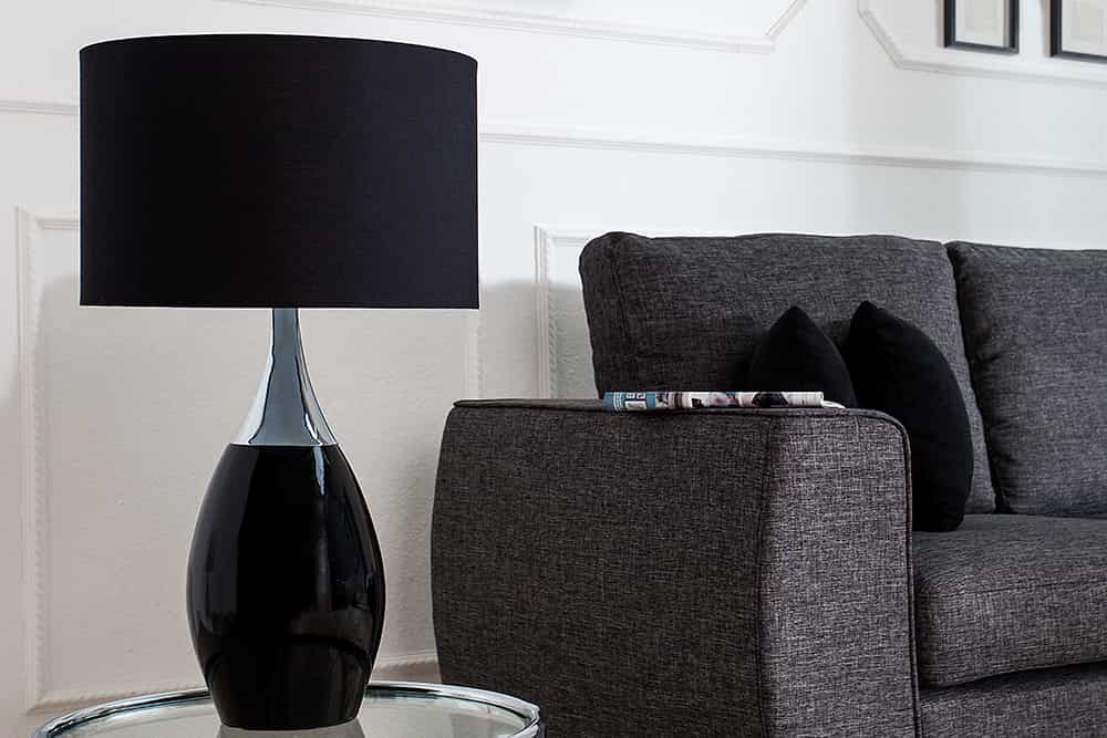 Moderne Tischlampe CARLA 60cm schwarz silber mit Leinenschirm