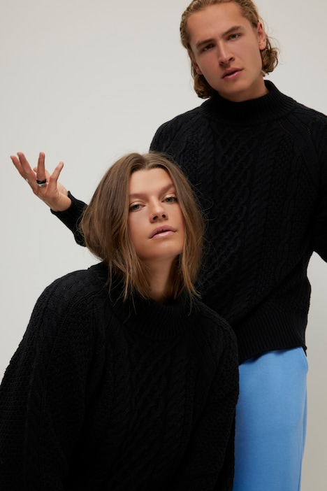 Rollkragen-Pullover, oversized, Zopfmuster, Langarm, Unisex