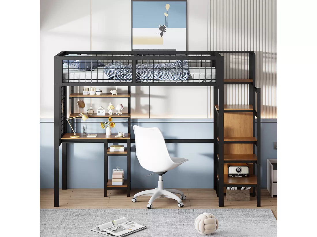Lit mezzanine 90x200 cm avec bureau, étagères, escalier et armoire - cadre en métal - Noir