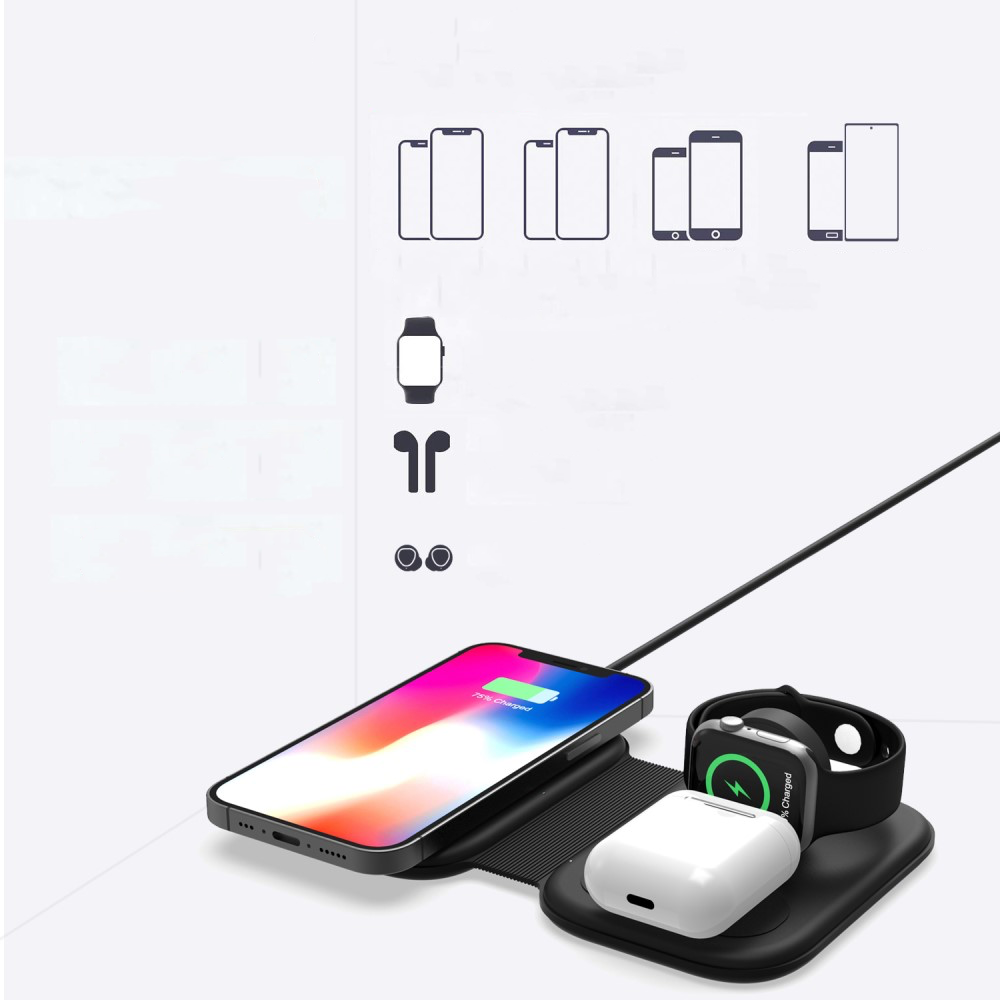 (15W) 3in1 MagSafe Ladegerät Qi Wireless Charger Faltbarer Ladeständer für Apple Watch / Smartphone / AirPods - Schwarz