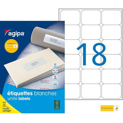 Apli Agipa - 450 Étiquettes adhésives blanches multi-usages - 63,5 x 46,6 mm - coins arrondis - réf 119615