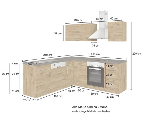 Held Furniture hoekkeuken zonder apparatuur Sorrento 210 cm antraciet mat gedemonteerd omkeerbaar model 1014.6280