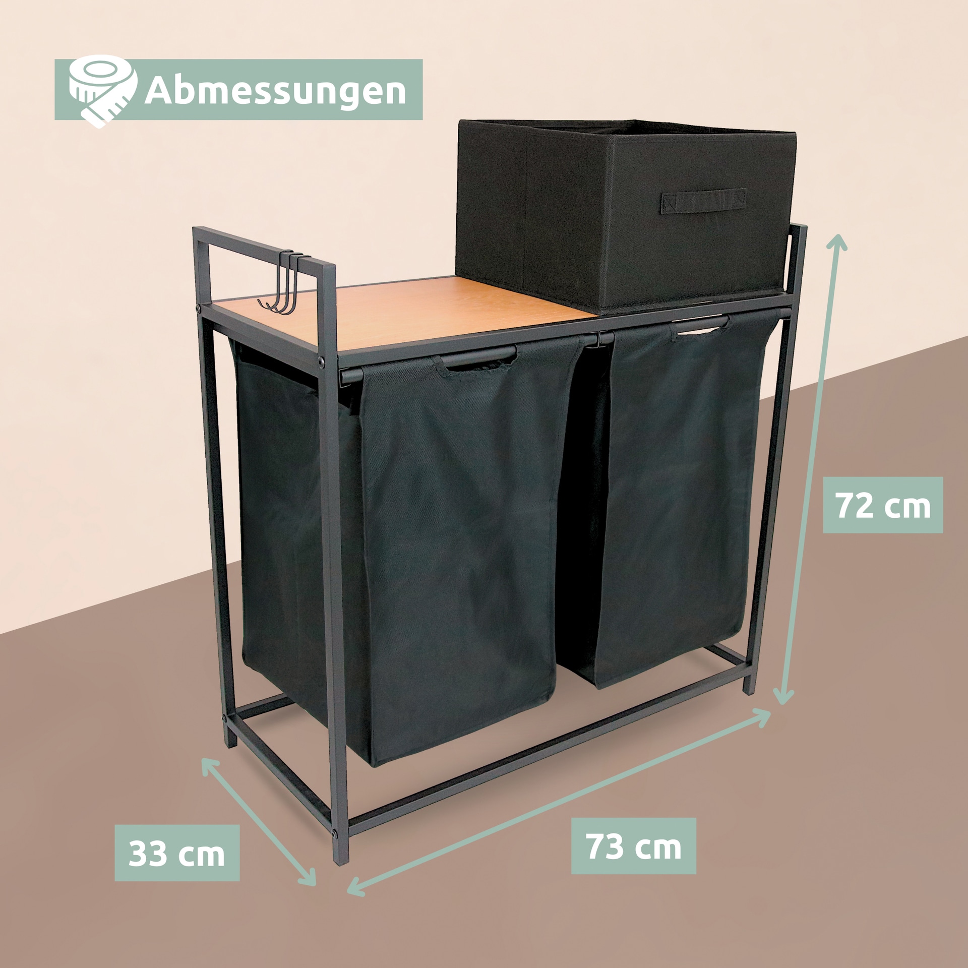 deluxe4home Wäschekorb mit 2 Fächern und Aufbewahrungsbox schwarz/Eiche-Dekor Natur braun