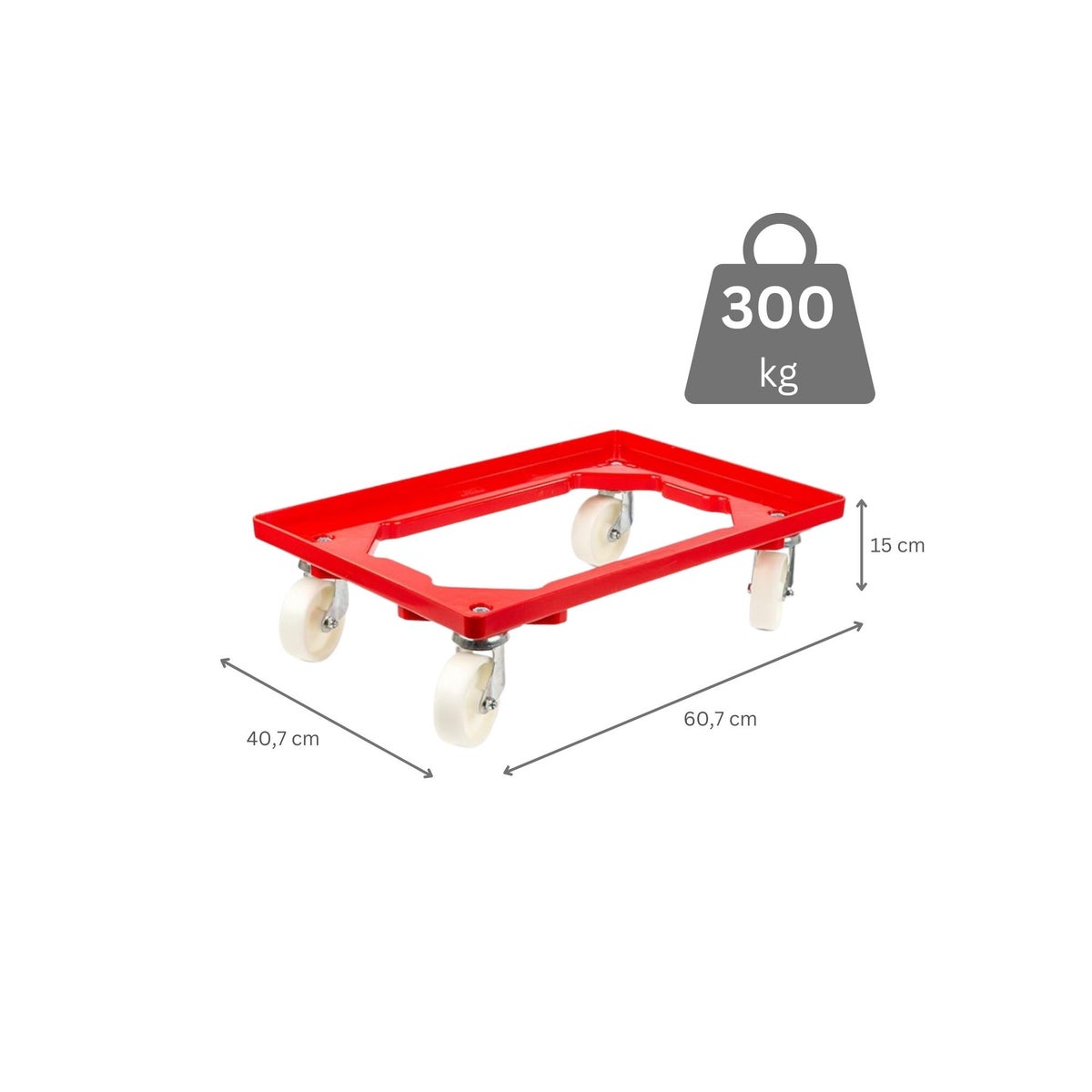 PROREGAL Transportwagen voor Euroboxen 60 x 40 cm met kunststof wielen, rood, open dek, 2 zwenkwielen en 2 bokwielen, draagvermogen 300 kg