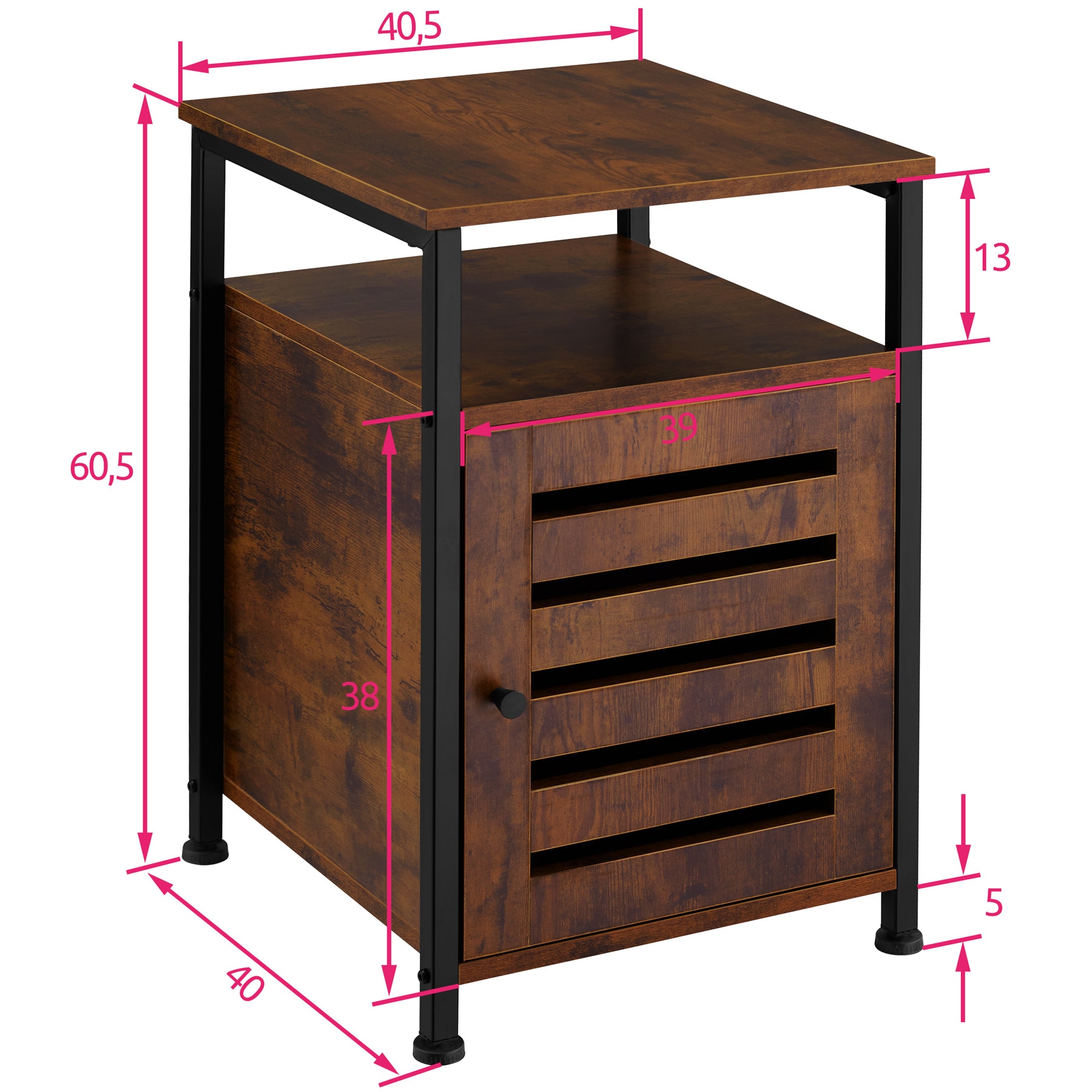 tectake® Beistellschrank, Industrial Style, 2 Ablagen, Staufach mit Magnettür und Einlegeboden, 40,5 x 40,5 x 60,5 cm