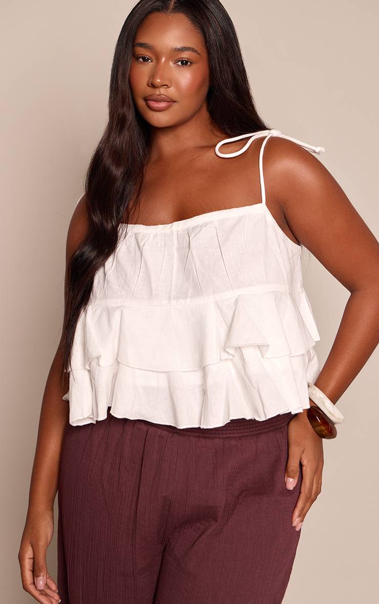 Blanc Caraco Grande Taille En Coton Lin Avec Détails À Volants