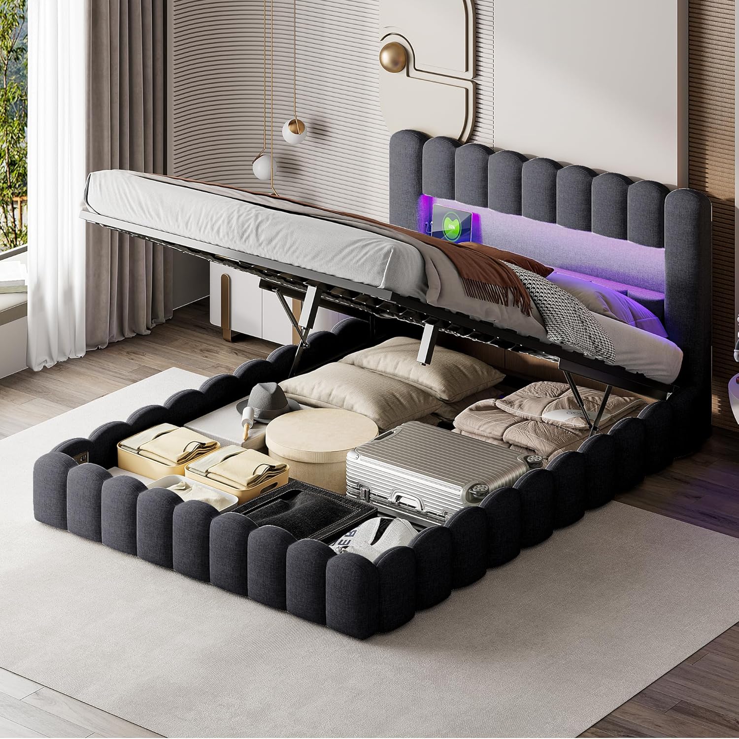 Bubble Bett 180x200 Mit Bettkasten, Polsterbett Doppelbett Mit Hydraulisch Stauraum, Stauraumbett Mit LED Und USB Ladefunktion, Jugendbett Bettgestell Mit Lattenrost, Leinen, Ohne Matratze, Grau