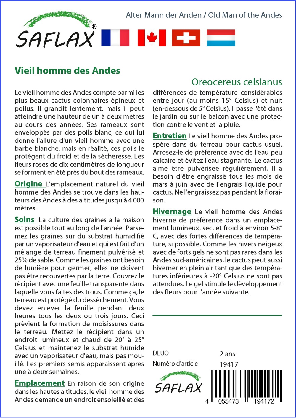 Vieil homme des andes - 40 graines - avec substrat - oreocereus celsianus