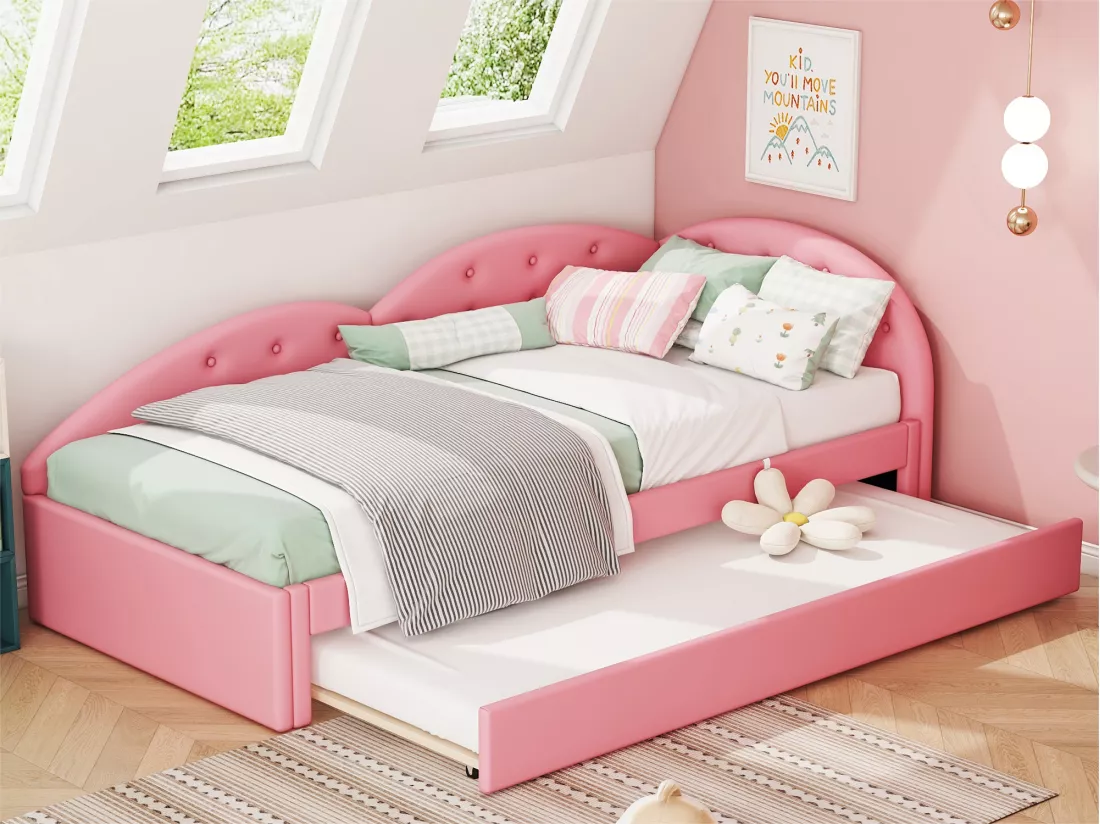 Lit banquette 90x200cm en similicuir + lit gigogne 80x190cm - Rose