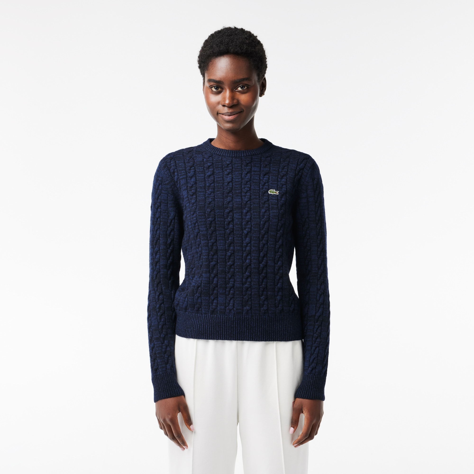 Pull à torsades moulinées en laine et coton Pullovers - Bleu - Lacoste - Femme