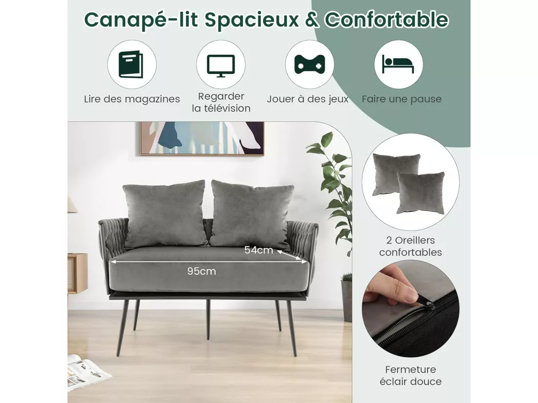 Canapé 2 Places en Velours Hollandais, Fauteuil de Salon pour 2 Personnes avec 2 Oreillers, Design Scandinave avec 5 Pieds Métalliques, Dossier et Accoudoirs Tissés, Charge 160KG (Gris)