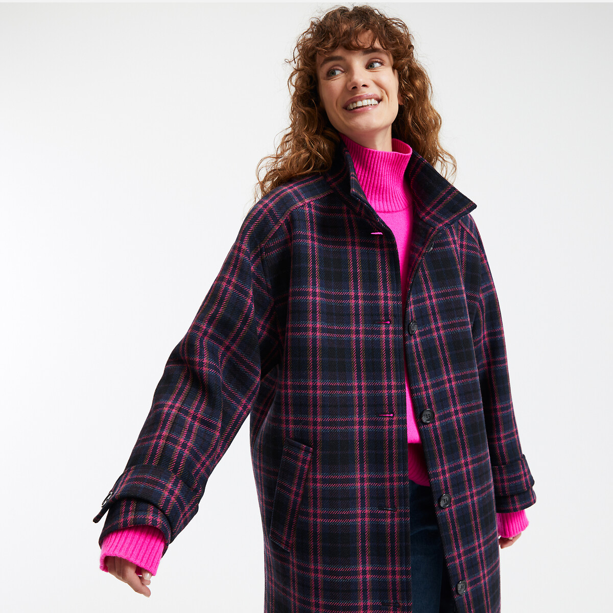 COLEÇÕES LA REDOUTE<br>Casaco maxi longo xadrez, em pleno inverno
