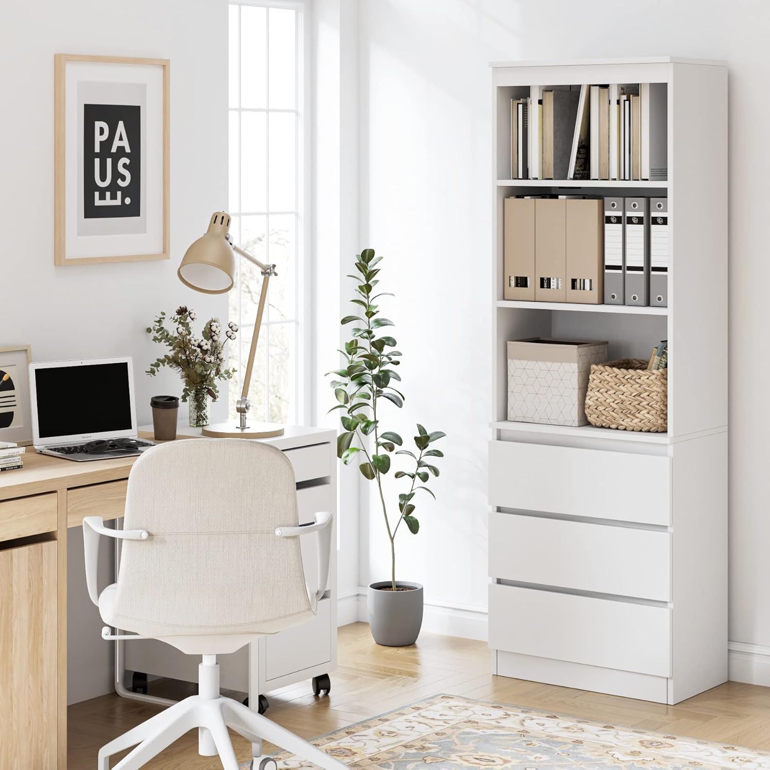 FirFurd Bücherregal mit 3 Schubladen 3 Fächern 180 cm Hochschrank Bücherschrank Vitrinenschrank Mehrzweckschrank für Wohnzimmer Büro Küche 60 x 35 x 180 cm Weiß