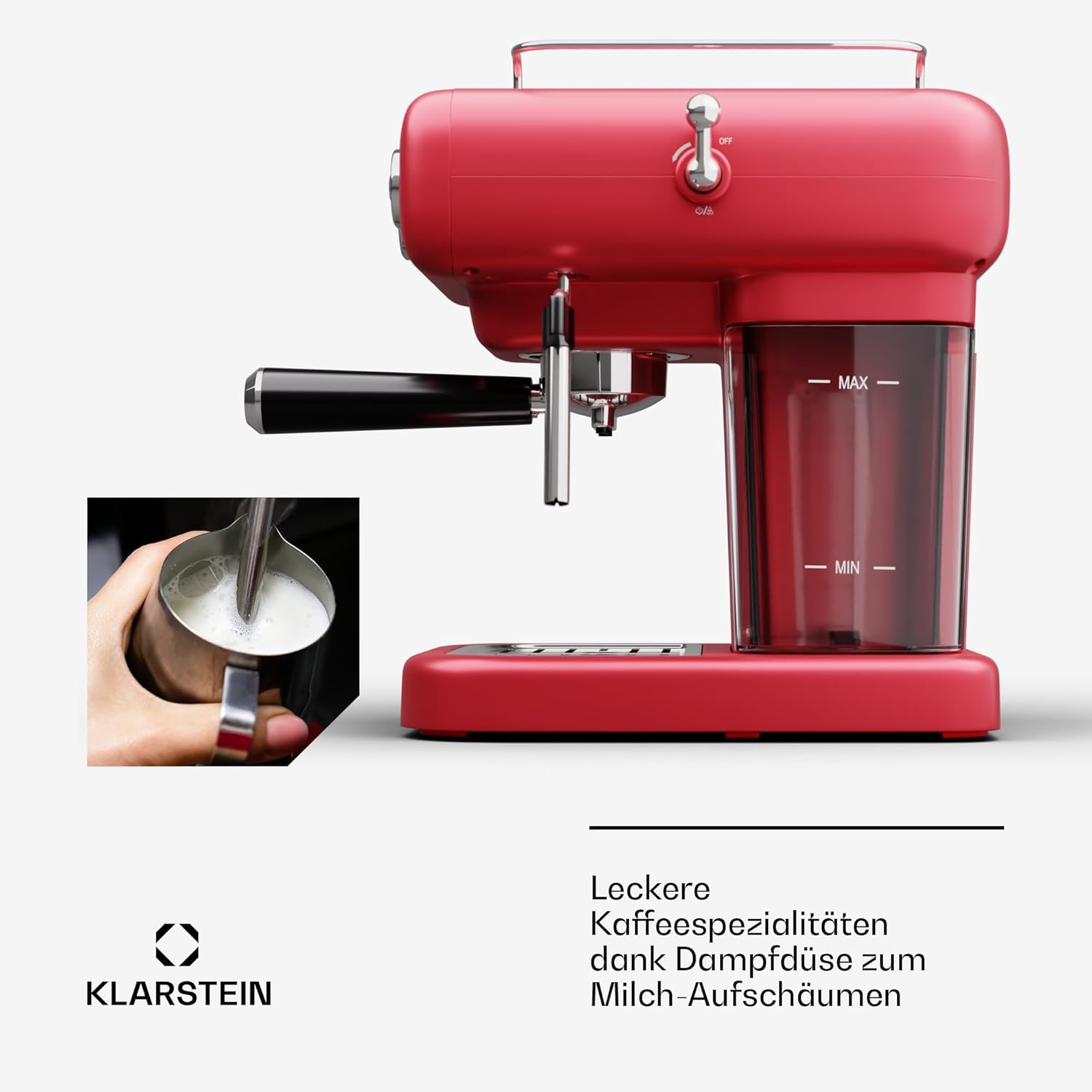 Klarstein Espresso Siebträgermaschine mit Milchaufschäumer, 1,2L Retro Mini-Espressomaschine mit Siebträger, 950 W Kaffeemaschine Klein, Edelstahl für Cappuccino, Latte & Macchiato