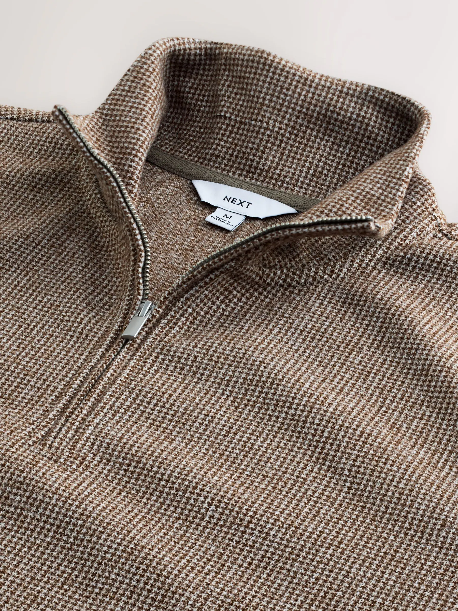 Neutral Brown Dogtooth - Long Sleeve Quarter Zip Jumper