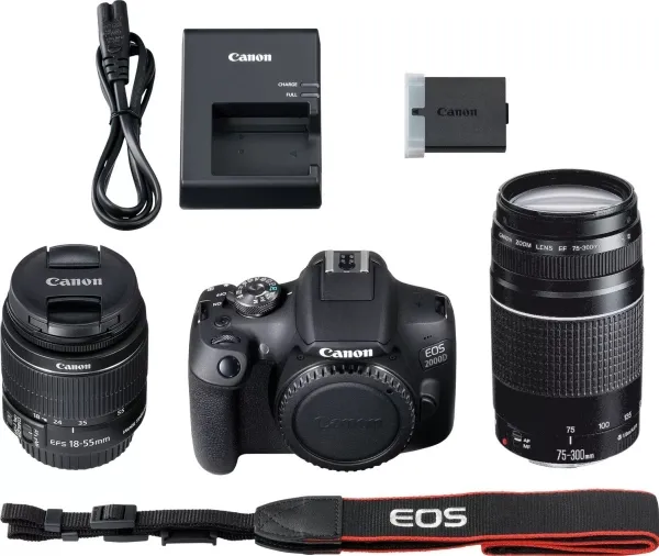 Canon EOS 2000D - Digitalkamera - SLR - 24.1 MP - APS-C - 1080p / 30 fps - 3x optisk zoom EF-S 18-55 mm IS II og EF 75-300 mm III objektiver - Wi-Fi, NFC