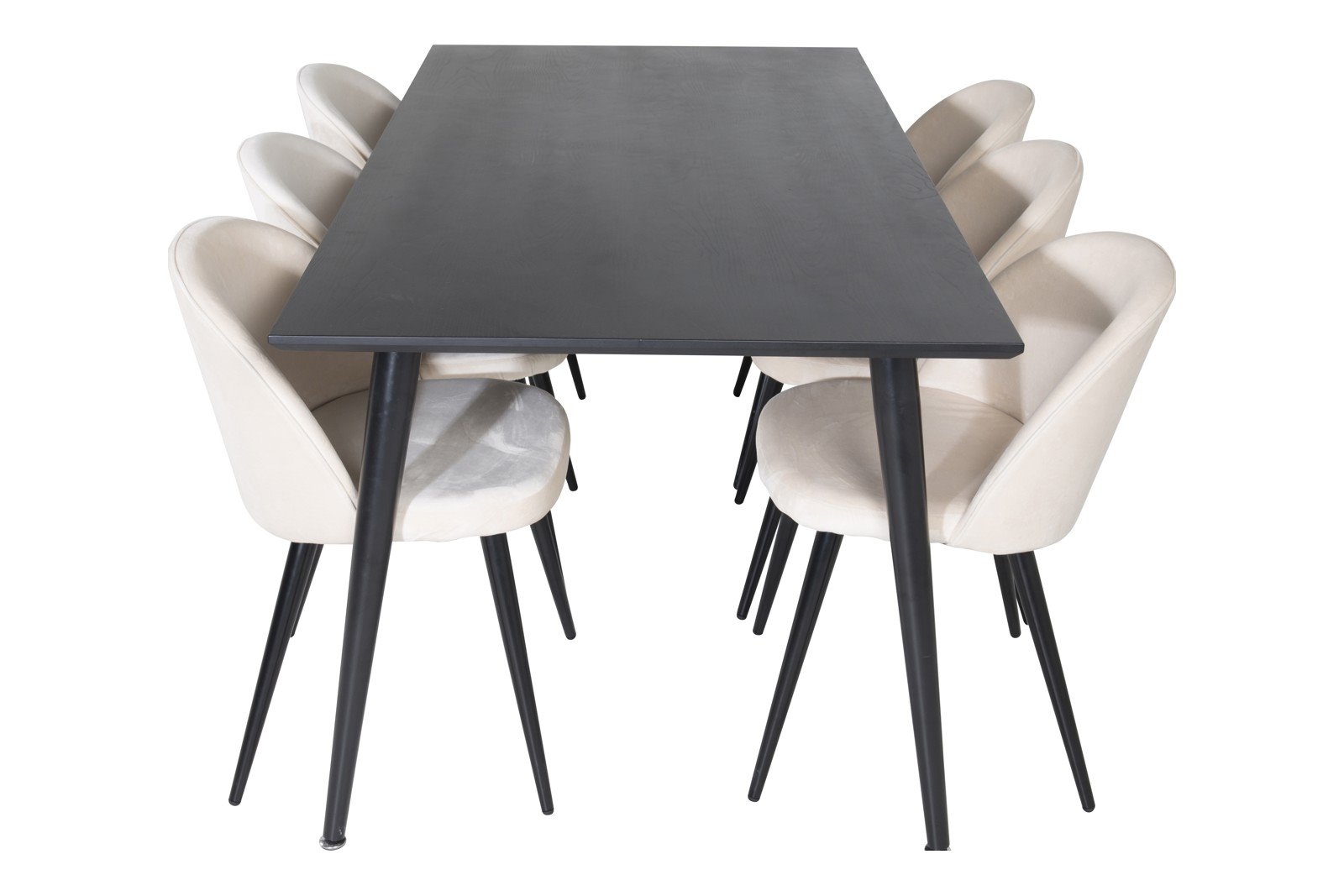 Dipp og Velvet Spisegruppe Dipp spisebord i sort finér med 6 stk. Velvet spisestoler i Beige fløyel og sorte ben.