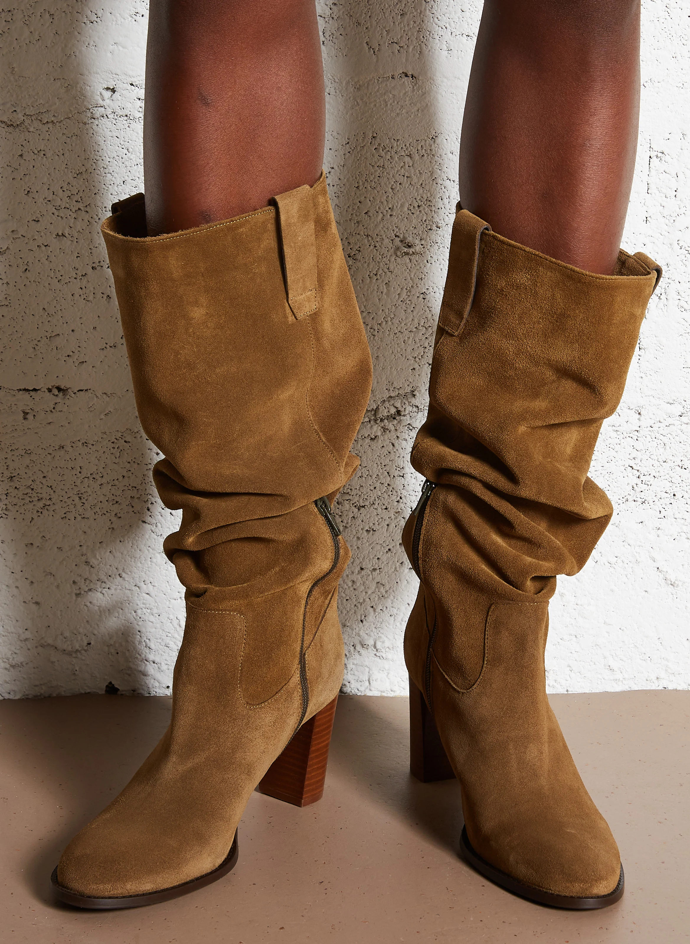 WENA - Bottes à talons en cuir velours | Kaki