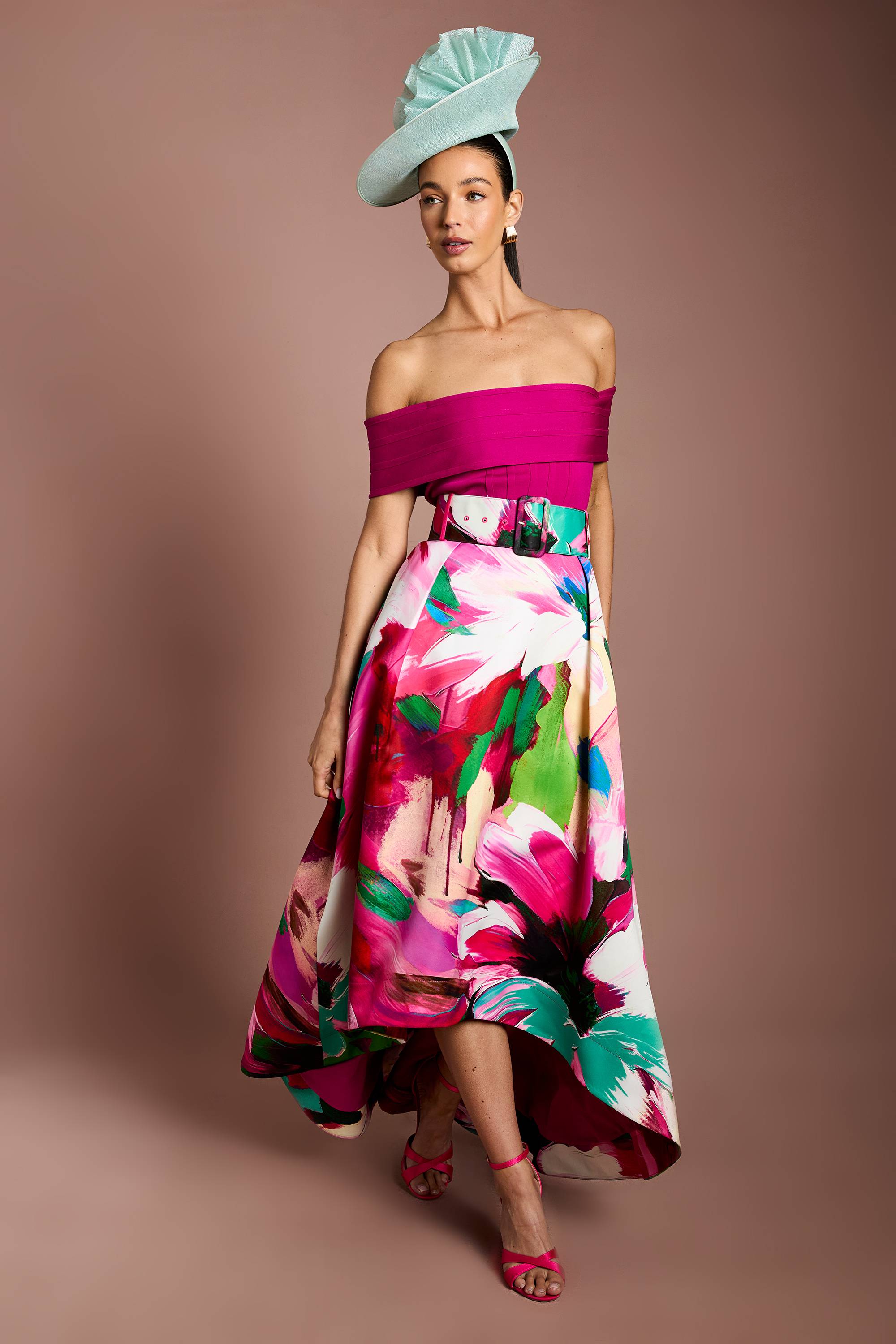 Coast Robe Midi Imprimée Bandage Épaules Dénudées À Ourlet Asymétrique Lisa Tan