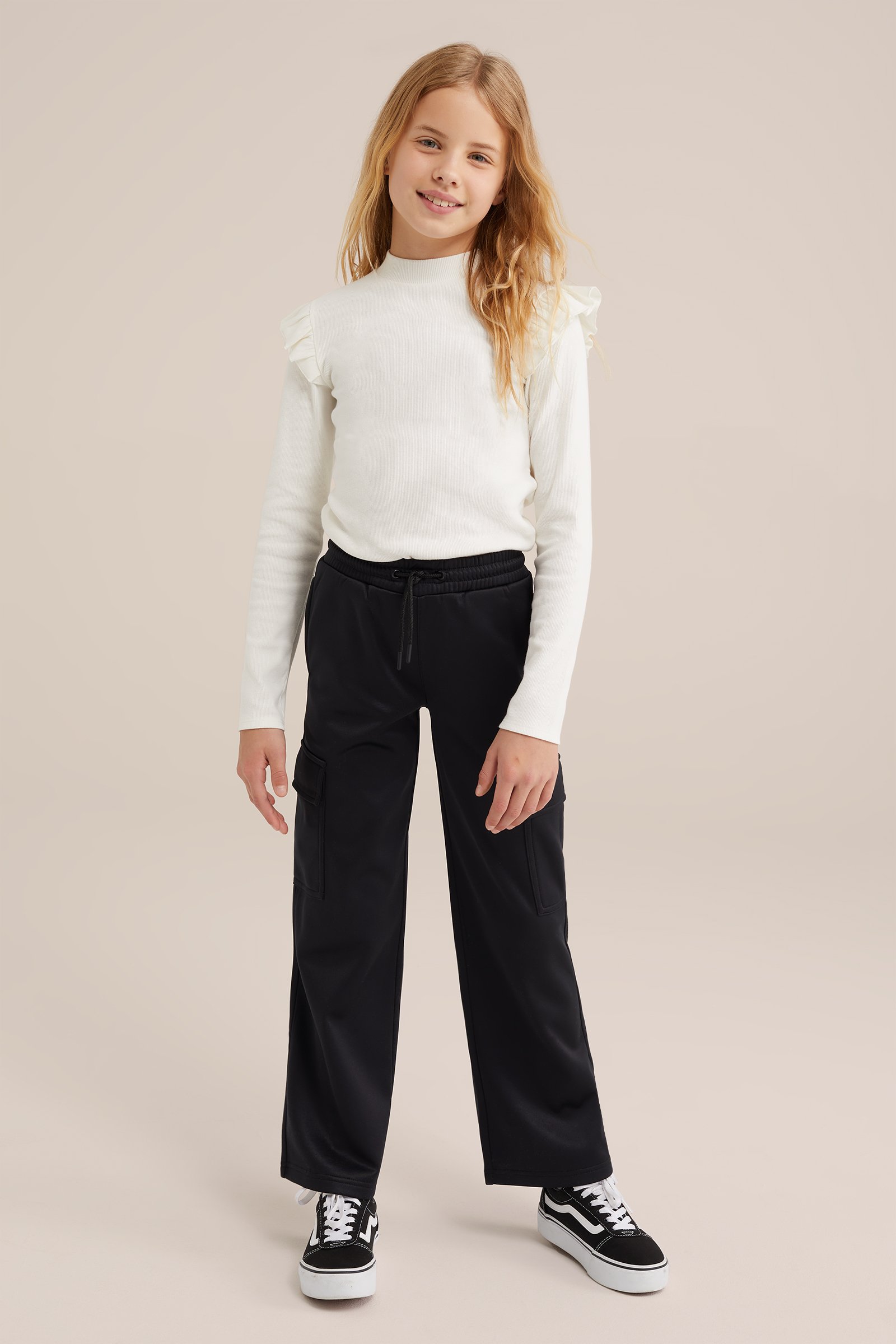 Meisjes geribd T-shirt met ruches WE Fashion Wit
