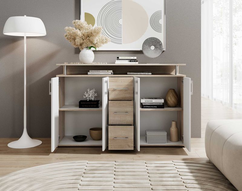 Emob - Dressoir - Wit - Spaanplaat - Flotar met 4 Deuren en 3 Lades