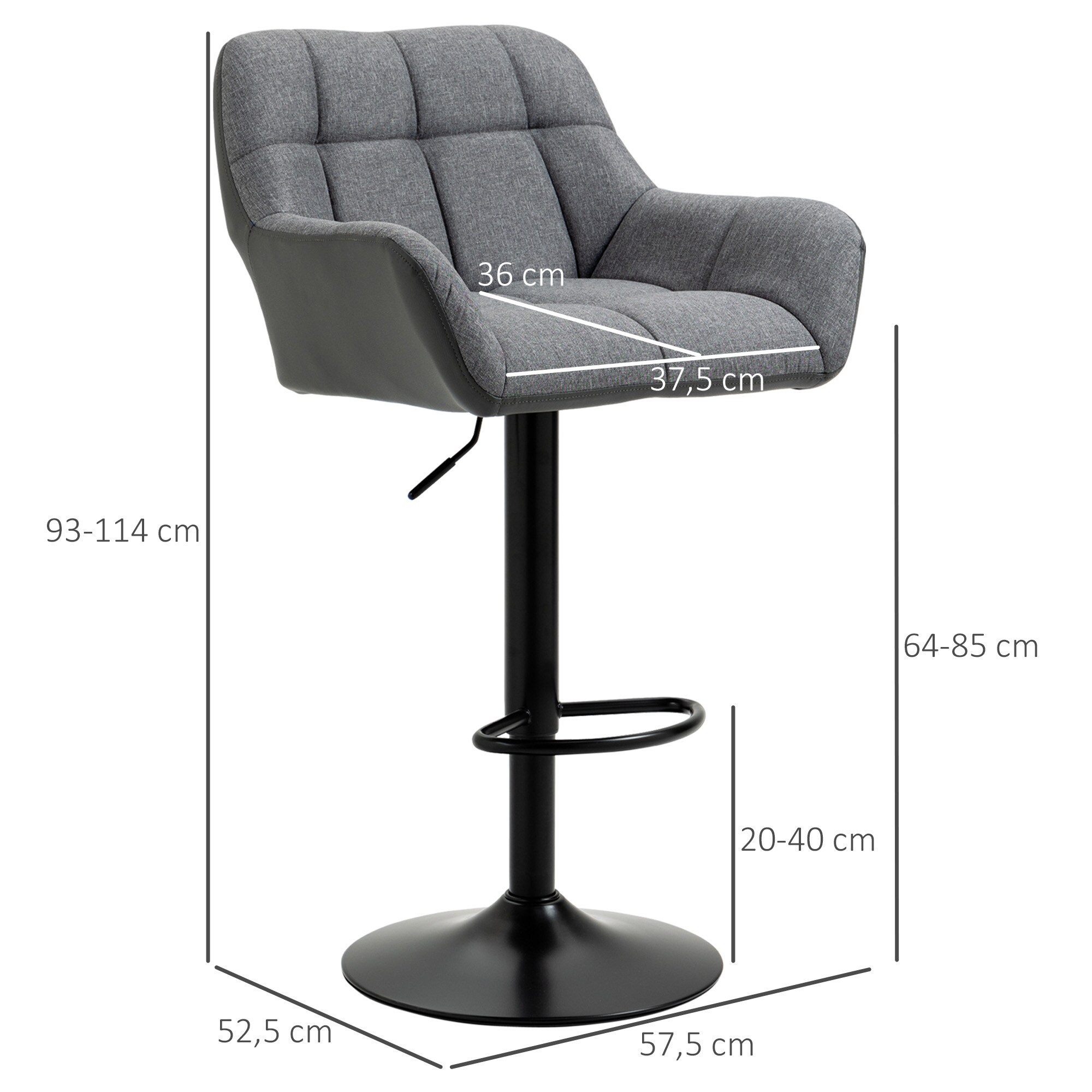 HOMCOM Barhocker mit Fußstütze grau, schwarz 57,5L x 52,5B x 93-114H cm