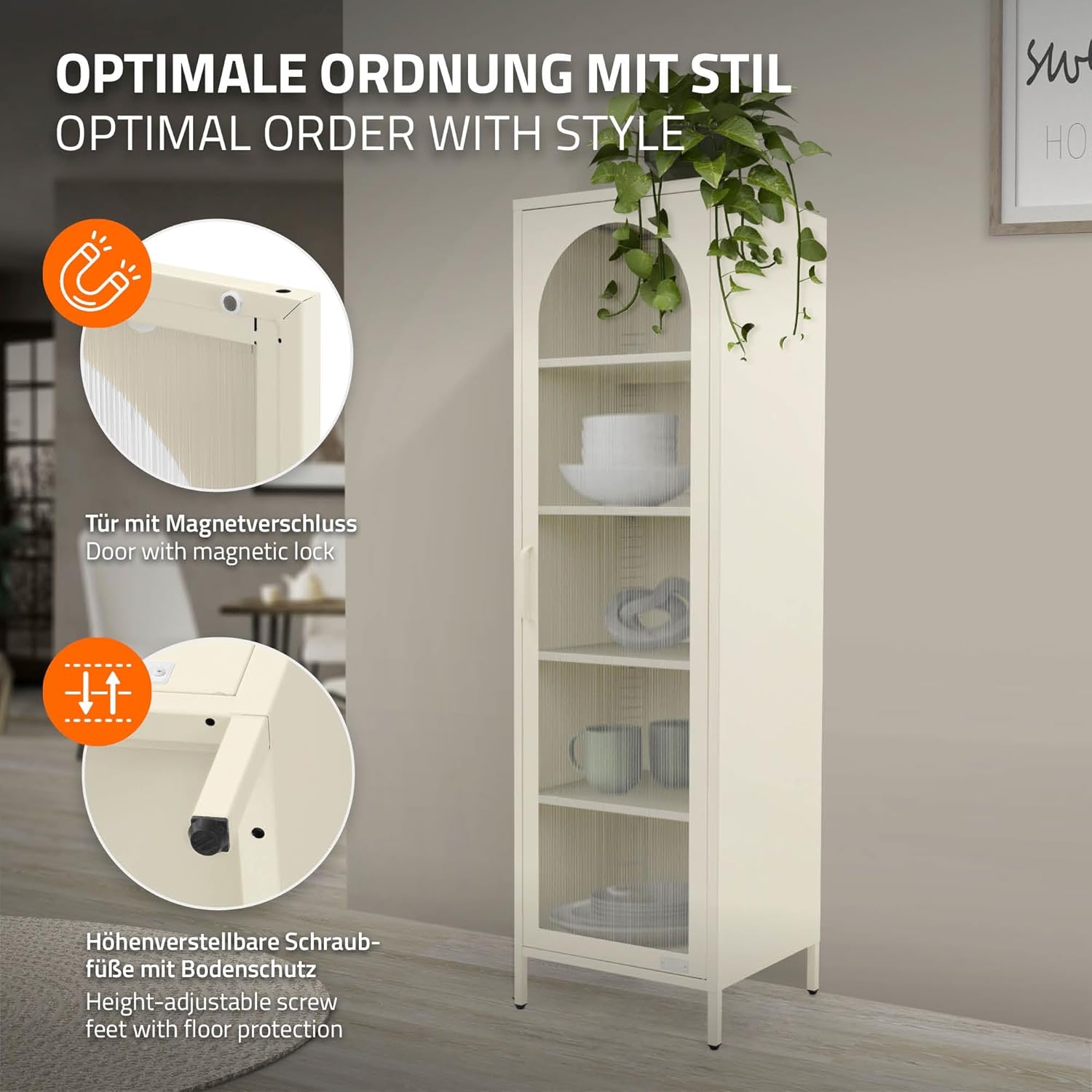 ML-Design Vitrinenschrank 45x145x35 cm, Creme, Schmale Vitrine mit 5 Ablagen und 1 Tür, Metallschrank aus Stahl, Küchenschrank Aktenschrank Büroschrank, Hochschrank für Esszimmer, Wohnzimmer, Büro