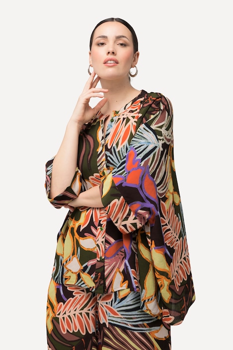 Bluse, Blätter, Oversized, Stehkragen, Halbarm
