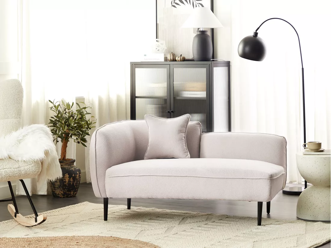 Méridienne d'angle à droite en tissu bouclé beige clair CHEVANNES